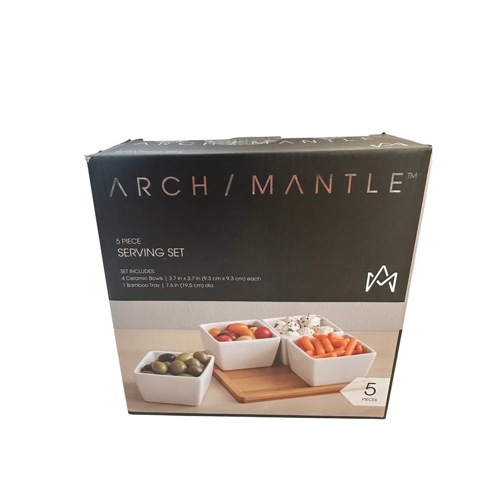 ARCH / MANTLE White Ceramic Bamboo 5 Piece Serving Set New in Box!